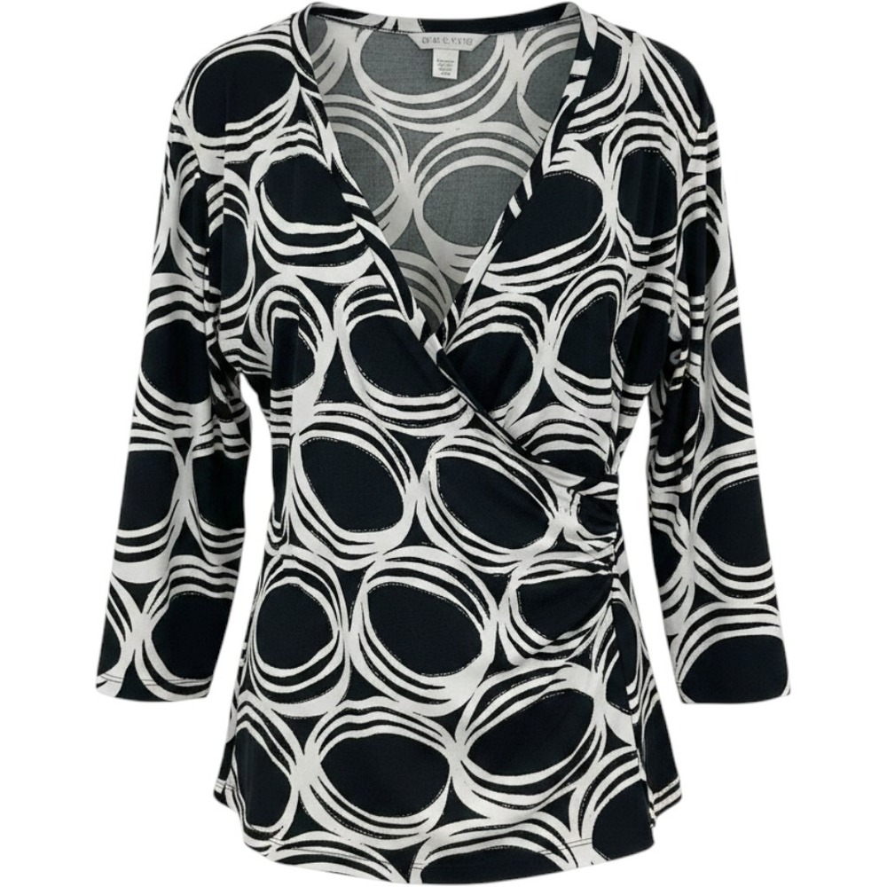 Chico's Faux Wrap Top Women Size 3 Black White Graphic Circle Print Mod Chic‎